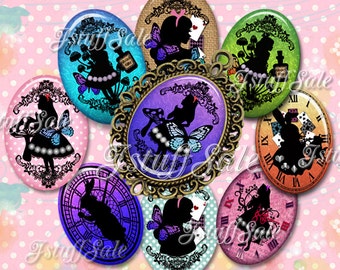 Alice in Wonderland silhouette digital collage images -  18mm x 25mm Oval - 3 sheets - DIY You download & print