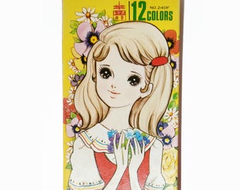 Vintage 1970s Tombow 12 Color Pencils, Cute Eiko Hanamura Girl Illustration, Japanese Retro Stationery