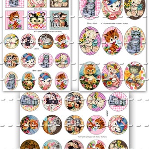 May include: A set of 25 printable images featuring adorable kittens in various poses. The images are perfect for crafting projects, scrapbooking, or adding a touch of whimsy to your home decor. The images are in a vintage style with a pink and white color scheme.