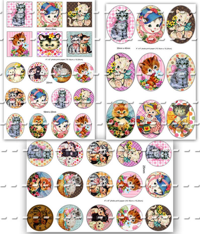 May include: A set of 25 printable images featuring adorable kittens in various poses. The images are perfect for crafting projects, scrapbooking, or adding a touch of whimsy to your home decor. The images are in a vintage style with a pink and white color scheme.