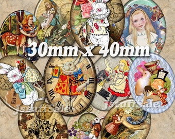 Alice in Wonderland digital collage images -  Oval 30mm x 40mm - 27 images DIY You download & print