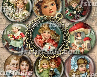 Vintage children digital collage images (B) - 3 sheets round 1 inch (25mm) - DIY you Download & Print