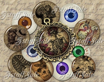 Vintage skull & eyeball digital collage images - 2 sheets 1 inch (25mm) bottle cap pendant  images DIY you download and print