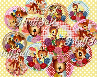 Vintage Fawn digital collage images (A) - 3 sheets 1 inch (25mm) diameter - DIY you Download & Print