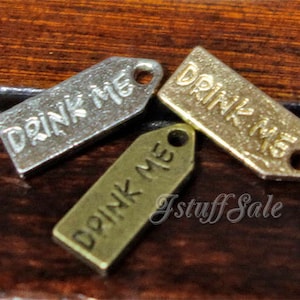 6 pcs Double sided DRINK ME mini metal tag charms antique bronze, silver or gold image 1