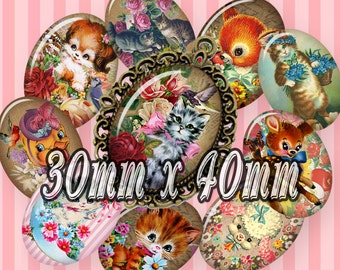 Vintage animals and flowers Oval 30mm x 40mm (Vaf34) - 27 images DIY You download & print