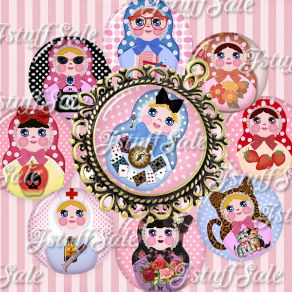 Cosplay Matryoshka Russian doll digital collage images - 2 sheets 1 inch (25mm) diameter - bottle cap, pendant  images