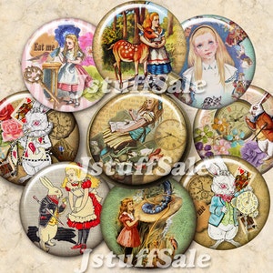 Alice in Wonderland digital collage images - 2 sheets 1 inch 25mm diameter - DIY you Download & Print