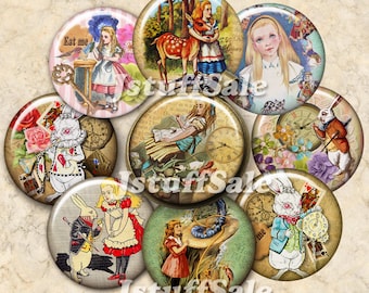 Alice in Wonderland digital collage images - 2 sheets 1 inch 25mm diameter - DIY you Download & Print