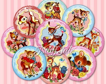 Vintage Fawn digital collage images (B) - 3 sheets 1 inch (25mm) diameter - DIY you Download & Print