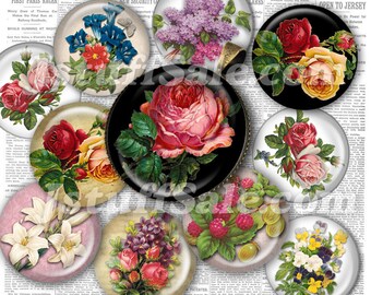 May include: A collection of ten round glass cabochons with various floral designs. The cabochons feature a variety of flowers, including roses, lilies, pansies, and lilacs. The flowers are depicted in vibrant colors, such as red, pink, yellow, purple, and white.