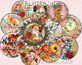 Vintage Animals & Flowers digital collage images - 3 sheets 1 inch (25mm) diameter DIY you download and print