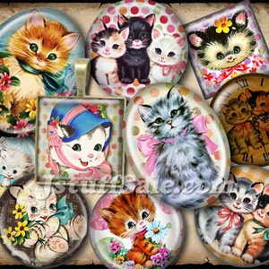 May include: A set of 10 round and square vintage-style glass cabochons featuring kittens with various patterns and colors. The cabochons are perfect for crafting projects like jewelry, scrapbooking, and resin art.