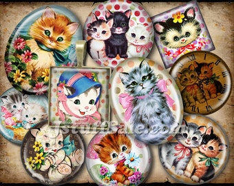 Vintage Cats Digital collage images - Oval & circle images -  various sizes DIY you download and print