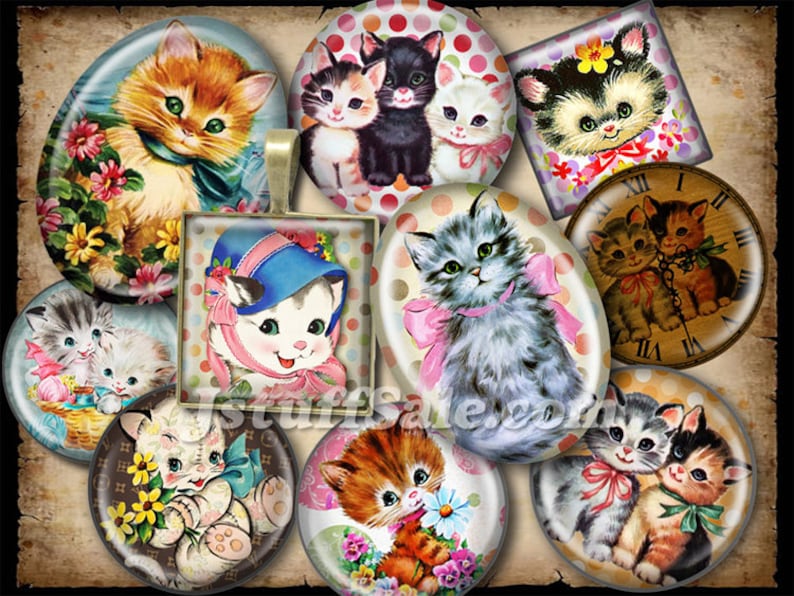 May include: A set of 10 round and square vintage-style glass cabochons featuring kittens with various patterns and colors. The cabochons are perfect for crafting projects like jewelry, scrapbooking, and resin art.