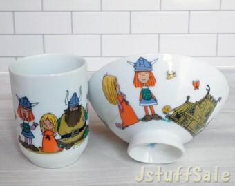 Vintage 1970s Vicky Vicke the Viking Yunomi Tea Cup & Rice Bowl Set