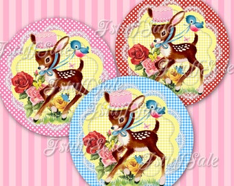 Digital Download - Vintage Fawn 15cm (5.9") Large circle images - DIY you print