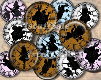 Alice silhouette clock digital collage images - 3 sheets 1 inch (25mm) diameter - bottle cap images