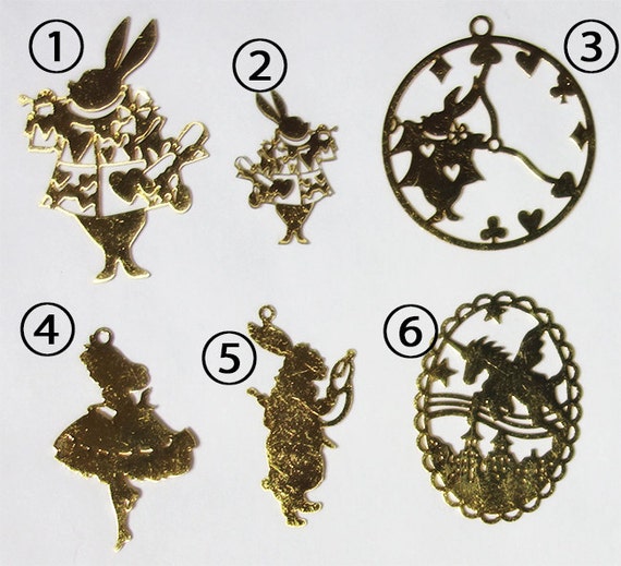 5 Pieces Alice in Wonderland, Fairy Tale Brass Filigree Charms 