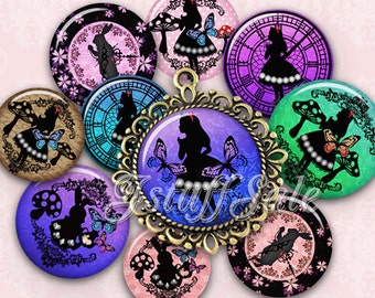 3 sheets -  Alice in Wonderland digital collage images  1 inch 25mm circle (Vi01) DIY you download & print