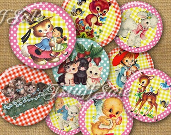 Vintage Animals digital collage images (C) - 3 sheets 1 inch (25mm) diameter - DIY you Download & Print