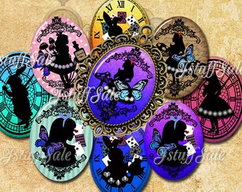 Alice in Wonderland silhouette digital collage images - 30mm x 40mm Oval - 3 sheets - DIY You download & print