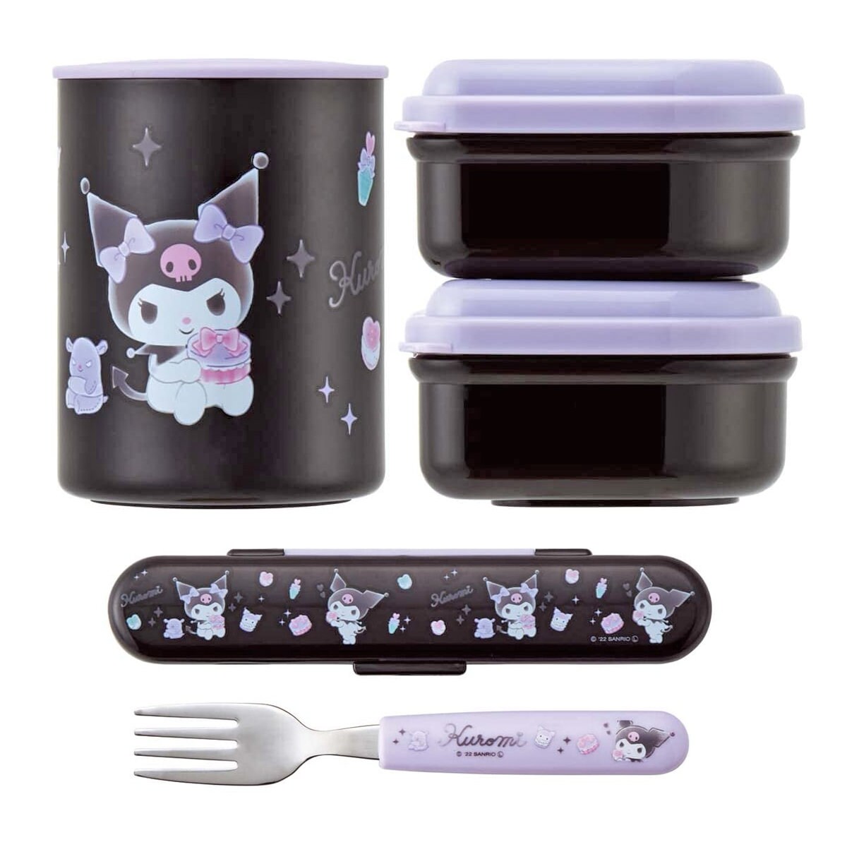 Sanrio Kuromi Bento Lunch Box Set Thermal Rice/soup Jar, Fork, 2 Containers 