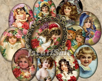 Vintage Children digital collage images -  Oval 30mm x 40mm - 27 images - DIY you Download & Print