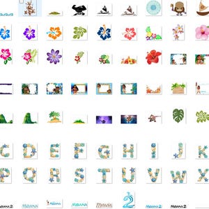 May include: A set of digital clipart images featuring characters, objects, and letters from the animated film Moana. The images include a variety of colours, including blue, green, red, yellow, and pink. The images are perfect for creating personalised crafts, invitations, and other projects.