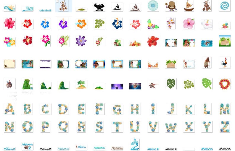 May include: A set of digital clipart images featuring characters, objects, and letters from the animated film Moana. The images include a variety of colours, including blue, green, red, yellow, and pink. The images are perfect for creating personalised crafts, invitations, and other projects.