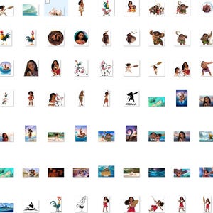 May include: A collection of colourful digital illustrations featuring characters from the animated movie Moana. The illustrations include Moana, Maui, Pua the pig, Hei Hei the rooster, and other characters from the movie. The illustrations are in a variety of poses and expressions.