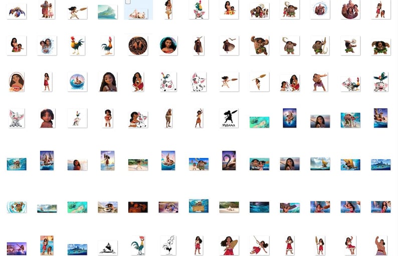 May include: A collection of colourful digital illustrations featuring characters from the animated movie Moana. The illustrations include Moana, Maui, Pua the pig, Hei Hei the rooster, and other characters from the movie. The illustrations are in a variety of poses and expressions.
