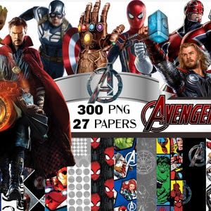 Pacchetto clipart Avengers, carta digitale Avengers, png Avengers, modello Avengers e immagini di personaggi tra cui Hulk, Guardiani, Spiderman