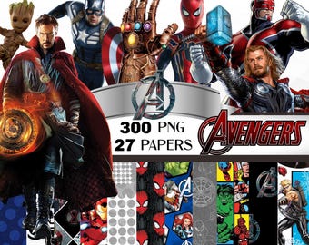 Avengers Clipart Bundle, Avengers Digital Paper, Avengers png, Avengers pattern and character images including hulk, guardians, spiderman