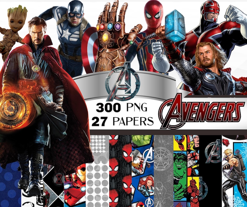 May include: A digital collage featuring various Avengers characters, including Captain America, Iron Man, Thor, Spider-Man, and Doctor Strange. The collage also includes a variety of patterned papers with Avengers logos and characters. The text "300 PNG 27 PAPERS" is displayed at the bottom of the collage.