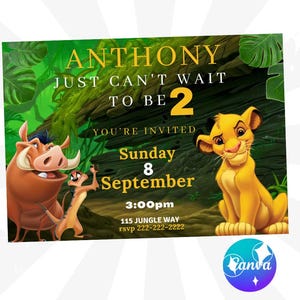 Invitación de cumpleaños del Rey León, invitación de fiesta editable de Simba, invitación de la película Pumba Timone, invitación del Rey León para imprimir texto