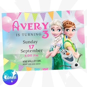 Puede incluir: Una invitación de cumpleaños rosa y azul con los personajes Elsa y Anna de la película Frozen. La invitación dice "Avery cumple 3 años" e incluye la fecha y la hora de la fiesta.