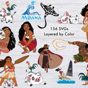 May include: A set of 156 SVG files featuring characters from the animated film Moana. The characters include Moana, Maui, Pua the pig, Hei Hei the rooster, and the ocean. The text "156 SVGs Layered by Color" is included in the image.