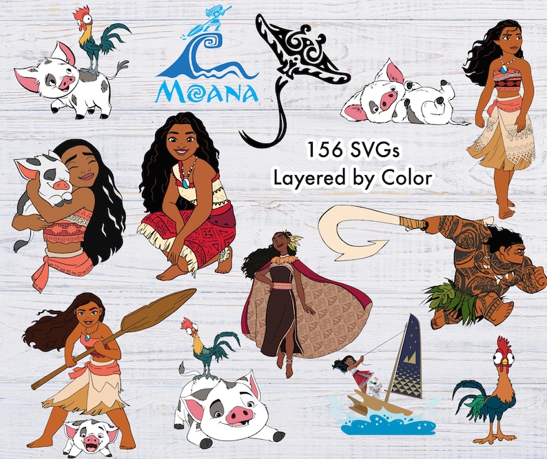 May include: A set of 156 SVG files featuring characters from the animated film Moana. The characters include Moana, Maui, Pua the pig, Hei Hei the rooster, and the ocean. The text "156 SVGs Layered by Color" is included in the image.