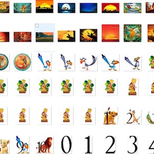 May include: A set of 20 printable images featuring characters from the Lion King movie. The images include Simba, Nala, Timon, Pumbaa, Zazu, Scar, Mufasa, and more. The images are perfect for creating personalized party decorations, invitations, or scrapbook pages.