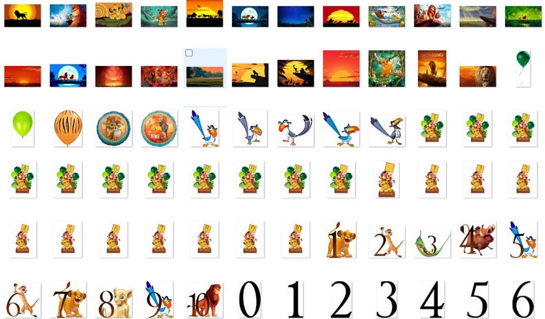 May include: A set of 20 printable images featuring characters from the Lion King movie. The images include Simba, Nala, Timon, Pumbaa, Zazu, Scar, Mufasa, and more. The images are perfect for creating personalized party decorations, invitations, or scrapbook pages.