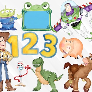 May include: A collection of watercolor-style illustrations featuring characters from Toy Story, including a green alien, a frog-shaped frame, Buzz Lightyear, Woody, a pig, a fork-based character, a green dinosaur, a brown horse, and the numbers 123.