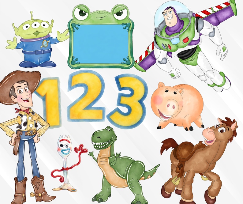May include: A collection of watercolor-style illustrations featuring characters from Toy Story, including a green alien, a frog-shaped frame, Buzz Lightyear, Woody, a pig, a fork-based character, a green dinosaur, a brown horse, and the numbers 123.