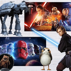 May include: A Star Wars themed image featuring a variety of characters and vehicles. The image includes a large, grey, four-legged AT-AT walker, a red and black Stormtrooper helmet, a small, white, furry creature, and a lightsaber.