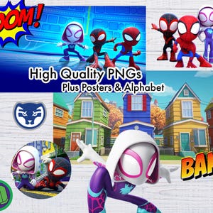 May include: A collage featuring cartoon images of Spider-Man characters, including Spider-Gwen and Miles Morales, with the text "High Quality PNGs Plus Posters & Alphabet." The word "BOOM!" is in a yellow and red comic book style, and the word "BANG" is in yellow.