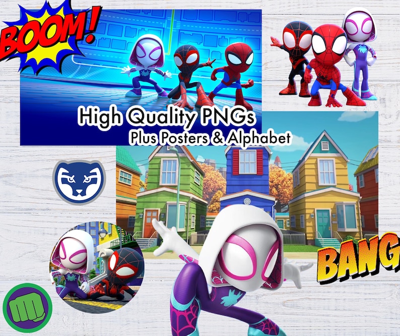 May include: A collage featuring cartoon images of Spider-Man characters, including Spider-Gwen and Miles Morales, with the text "High Quality PNGs Plus Posters & Alphabet." The word "BOOM!" is in a yellow and red comic book style, and the word "BANG" is in yellow.
