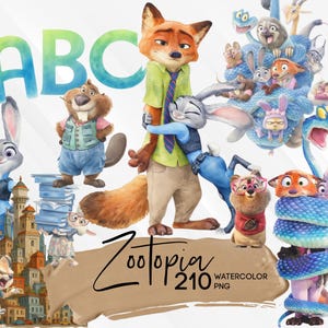 Może przedstawiać: Cyfrowa ilustracja przedstawiająca postacie z filmu Zwierzogród, w tym Nicka Wilde'a i Judy Hopps, z tekstem ABC, Zootopia, 210 WATERCOLOR PNG. Grafika ukazuje różne zwierzęta w stylu akwarelowym, w tym bobra, węża oraz miejską scenerię.