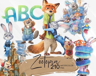 Zootopia Watercolor Clipart Bundle, Zootopia PNG Bundle, Hand painted png, Great for kids birthday, shirts