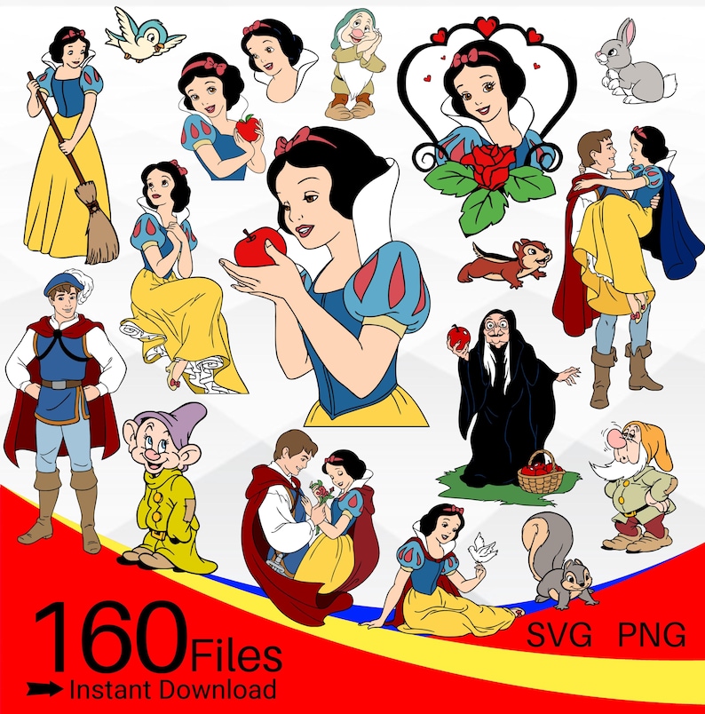 May include: A selection of digital illustrations featuring characters from Snow White. The images include Snow White, the Prince, the Evil Queen, the Seven Dwarfs, and forest animals. The text "160 Files" and "Instant Download" are also present.