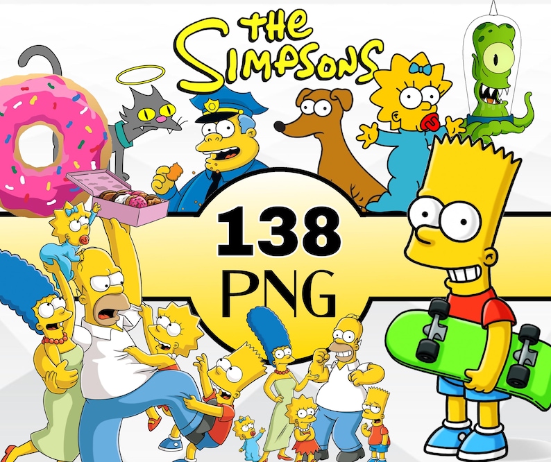 May include: A collection of 138 The Simpsons cartoon characters in PNG format. The characters include Homer, Marge, Bart, Lisa, Maggie, and other characters from the show. The characters are in various poses and expressions.